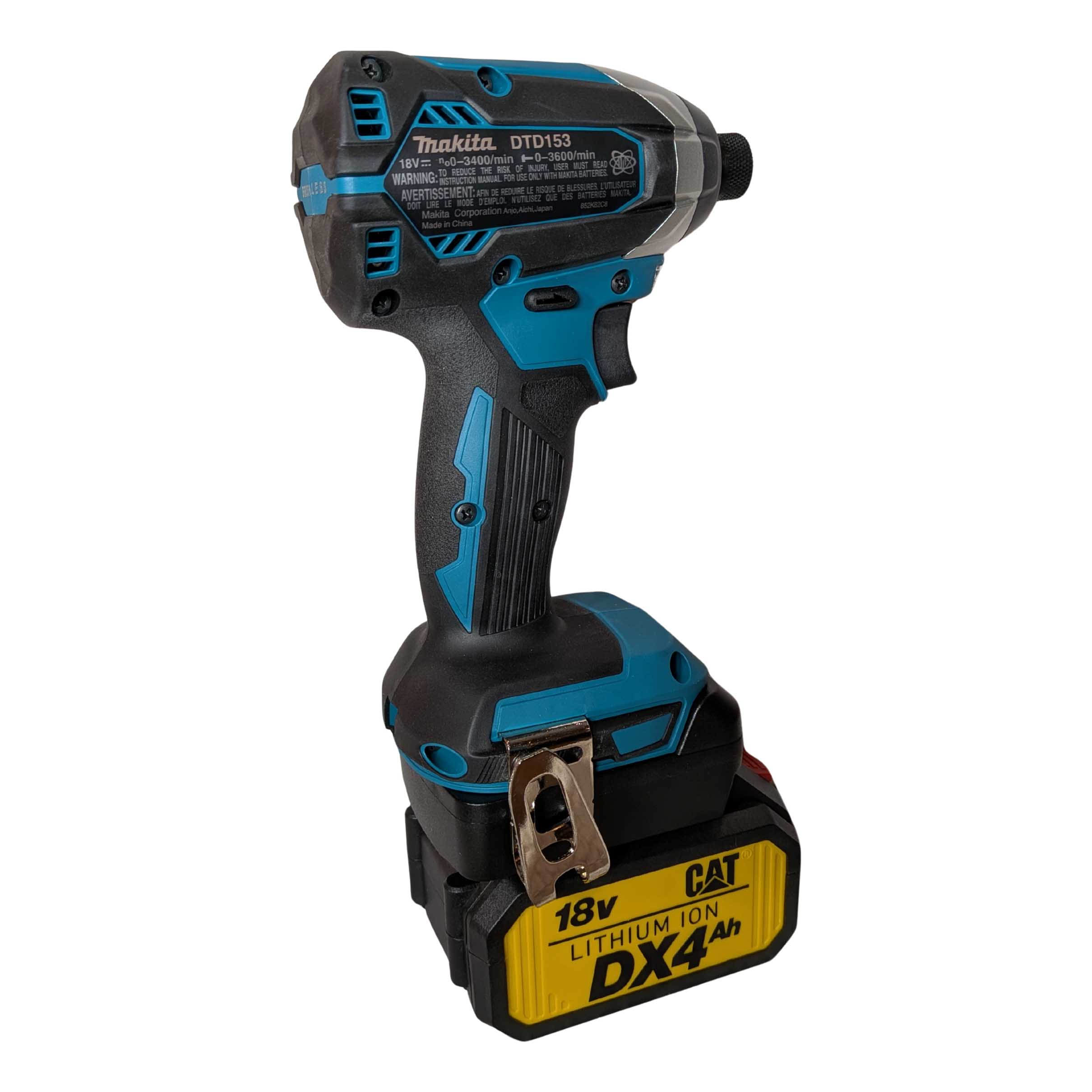 CAT 18V to Makita 18V LXT battery adapter - rear view installed on an impact driver with the battery fitted below