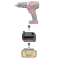 CAT 18V to Milwaukee M18 battery adapter - compatibility diagram showing battery, adapter and hammer drill