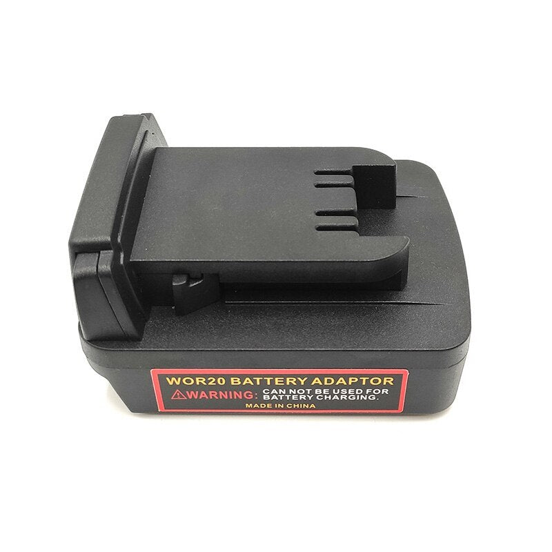 CAT 18V to Milwaukee M18 battery adapter - side view with the Milwaukee tool-side connection above the warning label
