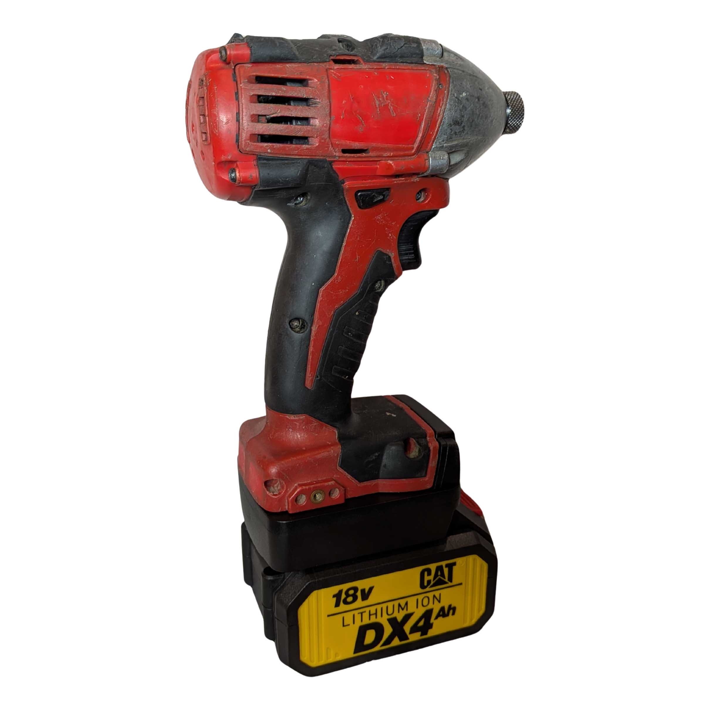 CAT 18V to Milwaukee M18 battery adapter - rear view installed on an impact driver with the battery fitted below