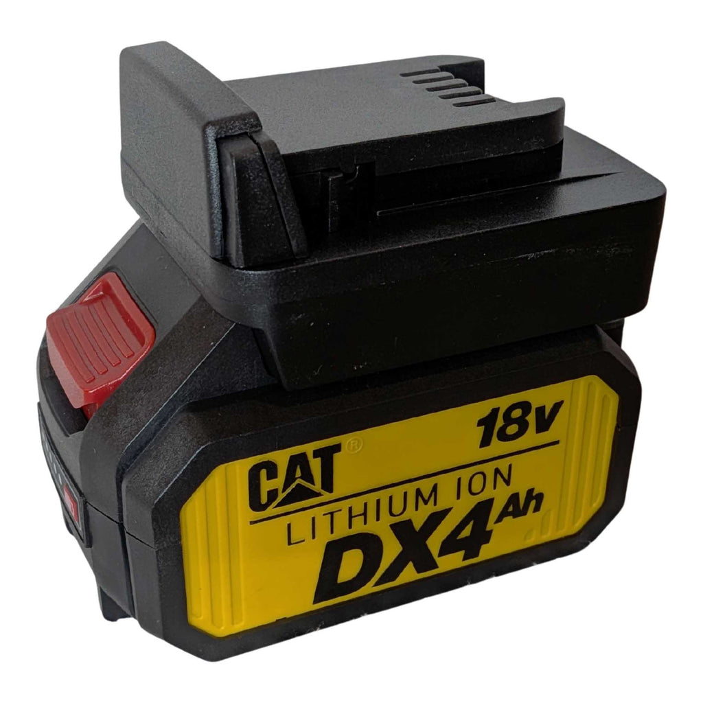 CAT 18V to Milwaukee M18 battery adapter - fitted to the CAT 18V battery, Milwaukee tool-side face upward