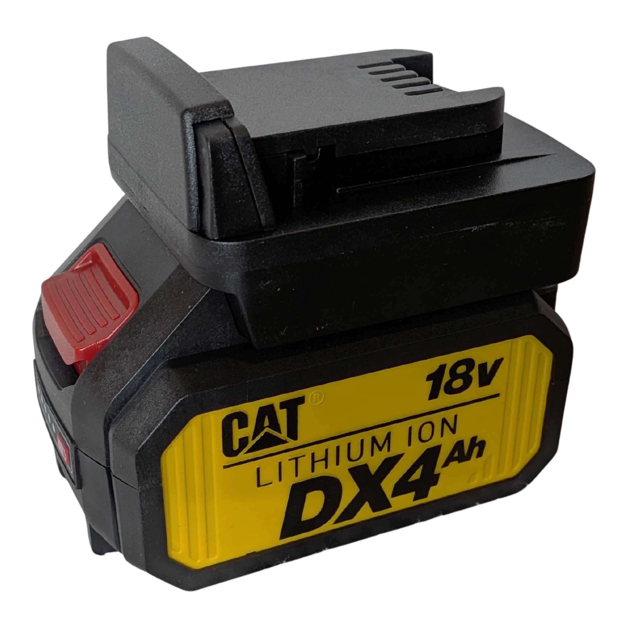 CAT 18V to Milwaukee M18 battery adapter - fitted to the CAT 18V battery, Milwaukee tool-side face upward