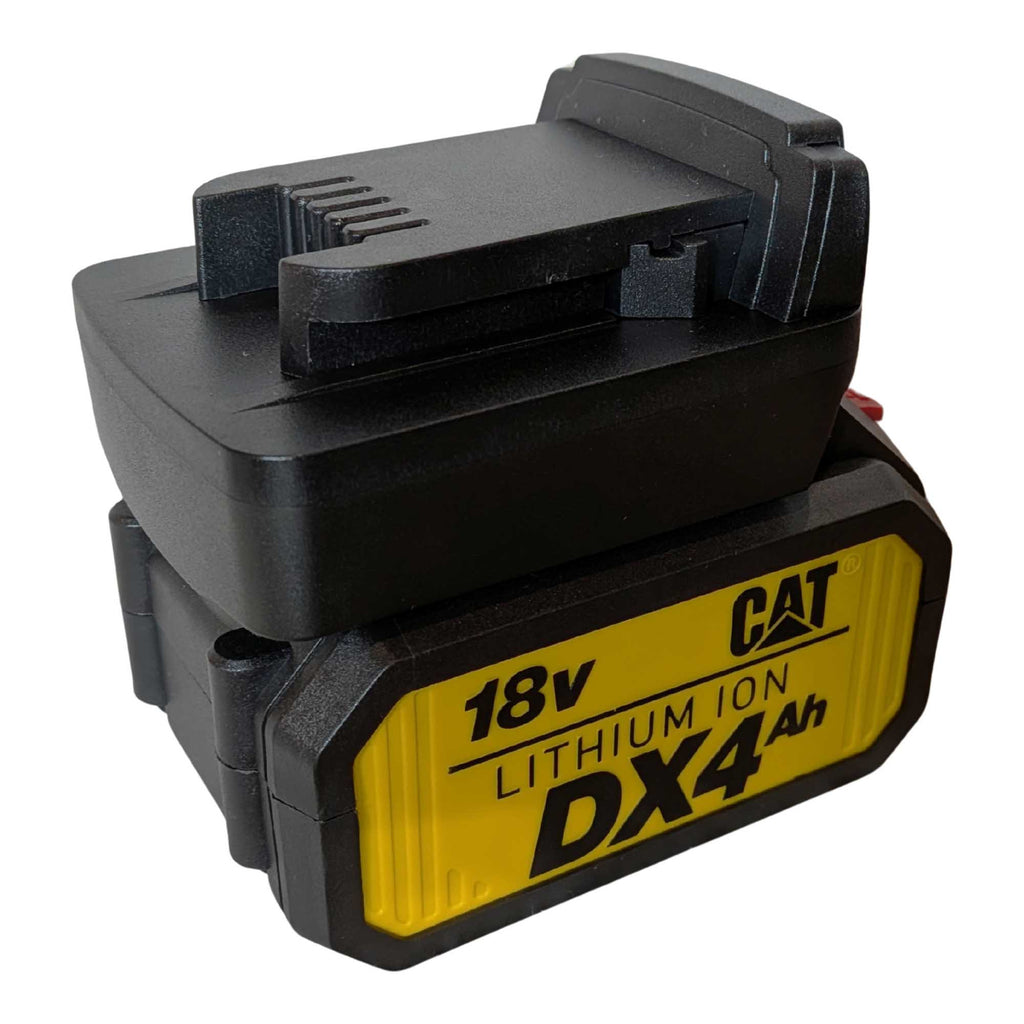CAT 18V to Milwaukee M18 battery adapter - fitted to the CAT 18V battery, Milwaukee tool-side face upward