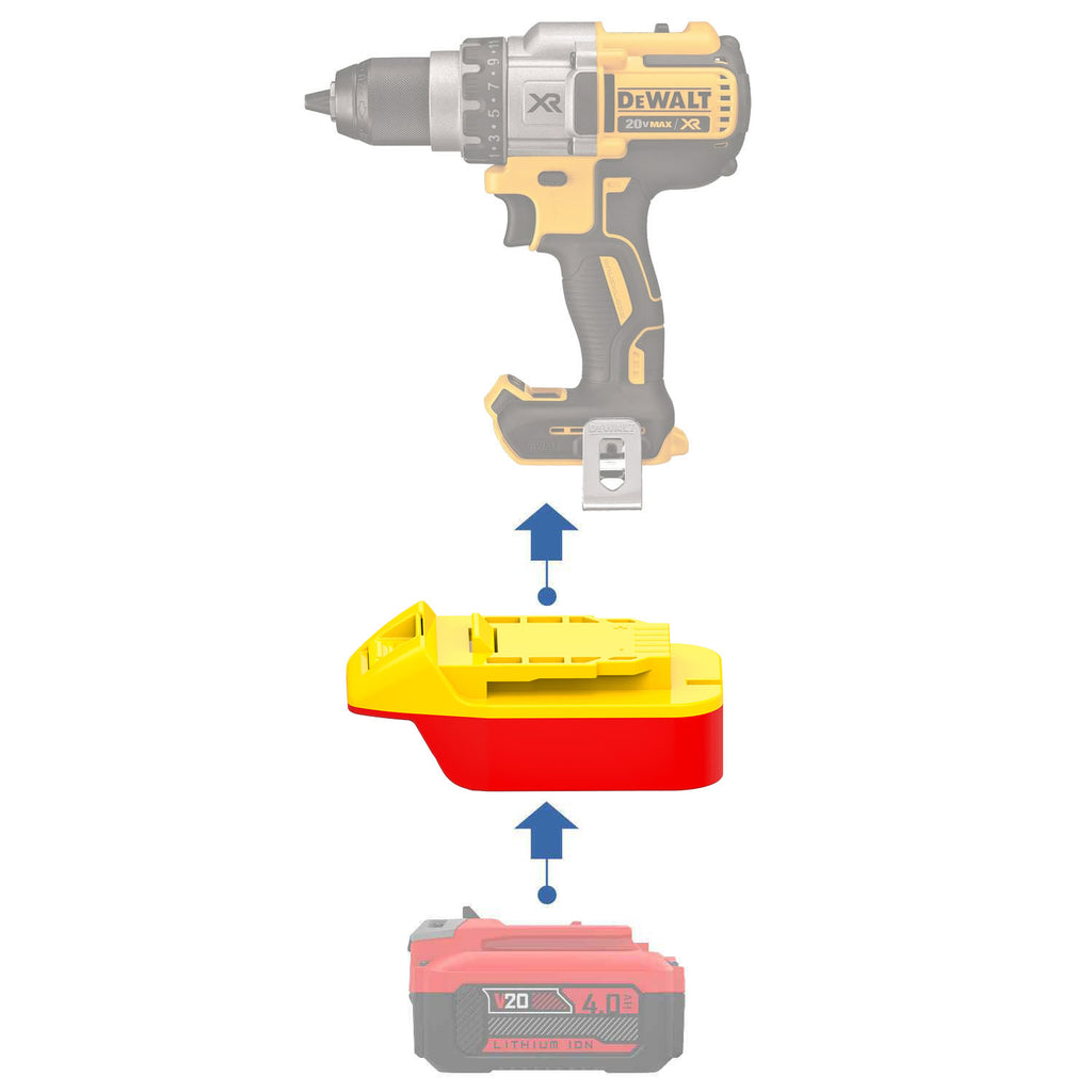 Craftsman 20V to DeWalt 20V MAX battery adapter - compatibility diagram showing battery, adapter and drill