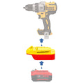 Craftsman 20V to DeWalt 20V MAX battery adapter - compatibility diagram showing battery, adapter and drill