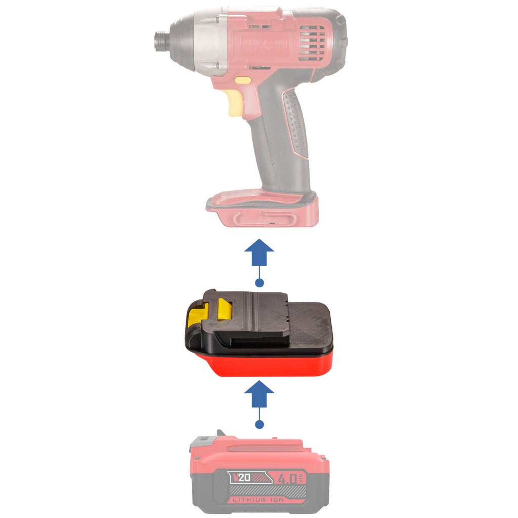 Craftsman 20V to Chicago Electric 18V battery adapter - compatibility diagram showing battery, adapter and impact driver