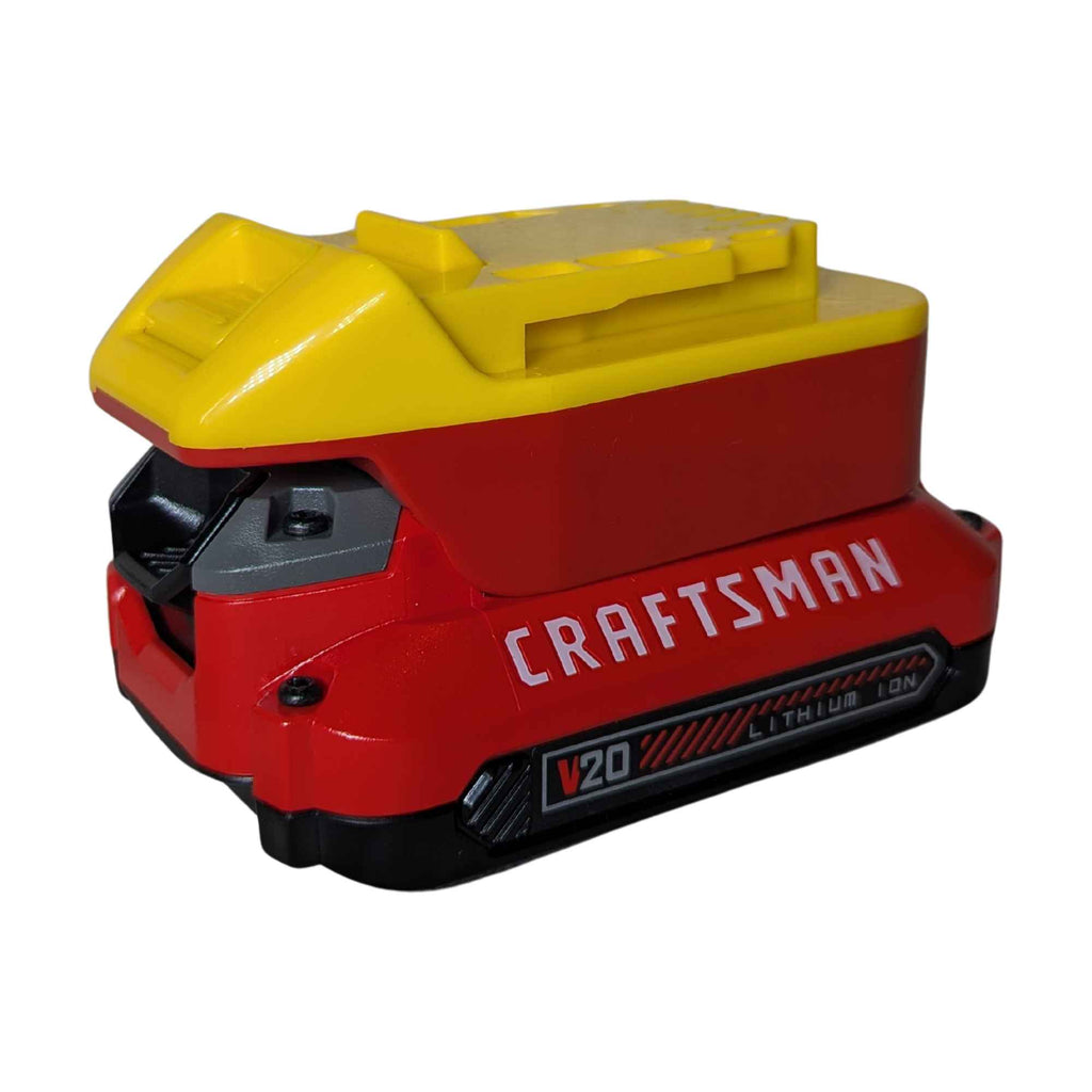 Craftsman 20V to DeWalt 20V MAX battery adapter - yellow tool-side connection above the red battery-side body
