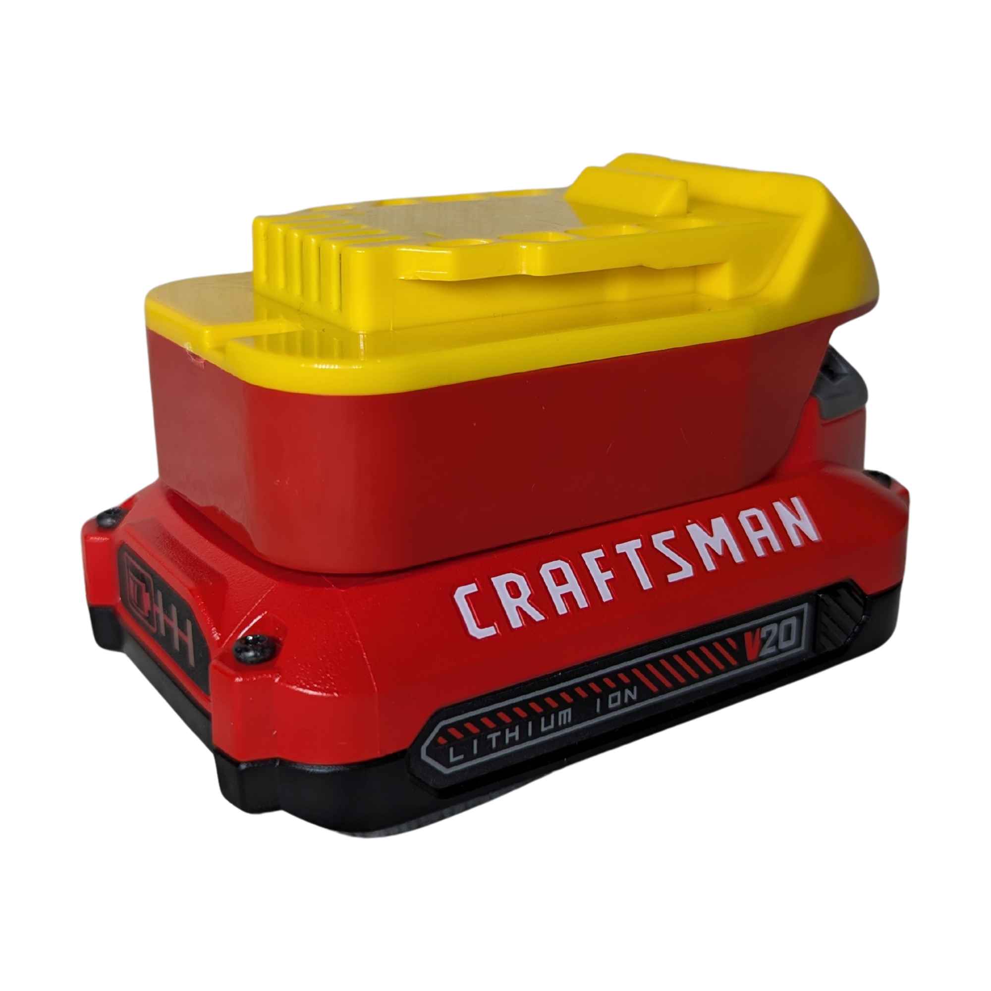 Craftsman 20V to DeWalt 20V MAX battery adapter - yellow tool-side connection above the red battery-side body