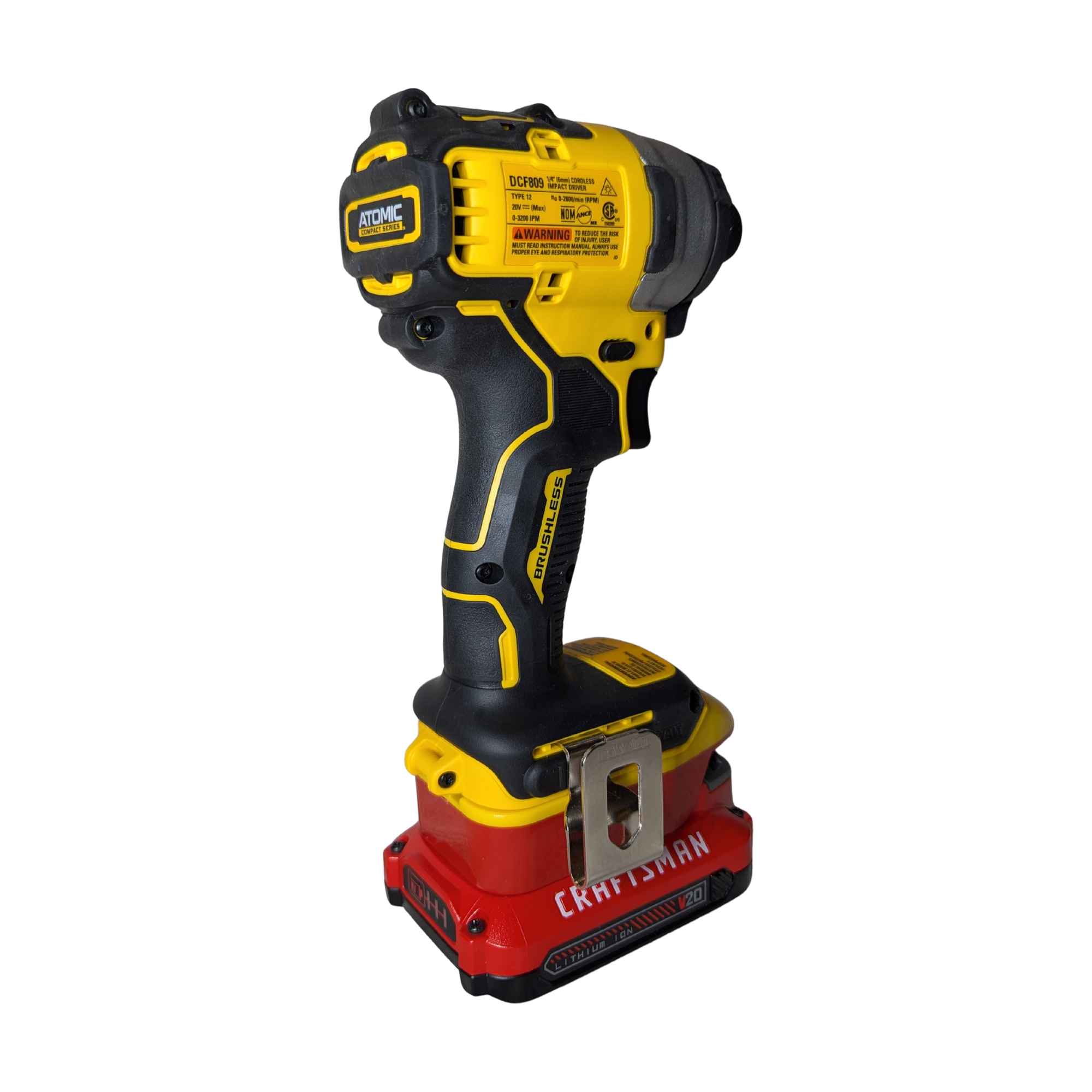 Craftsman 20V to DeWalt 20V MAX battery adapter - rear of an impact driver installed on the adapter and the red battery
