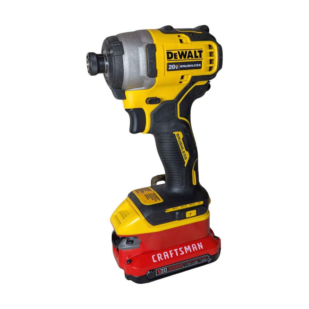 Craftsman 20V to DeWalt 20V MAX battery adapter - impact driver installed on the adapter and the red battery