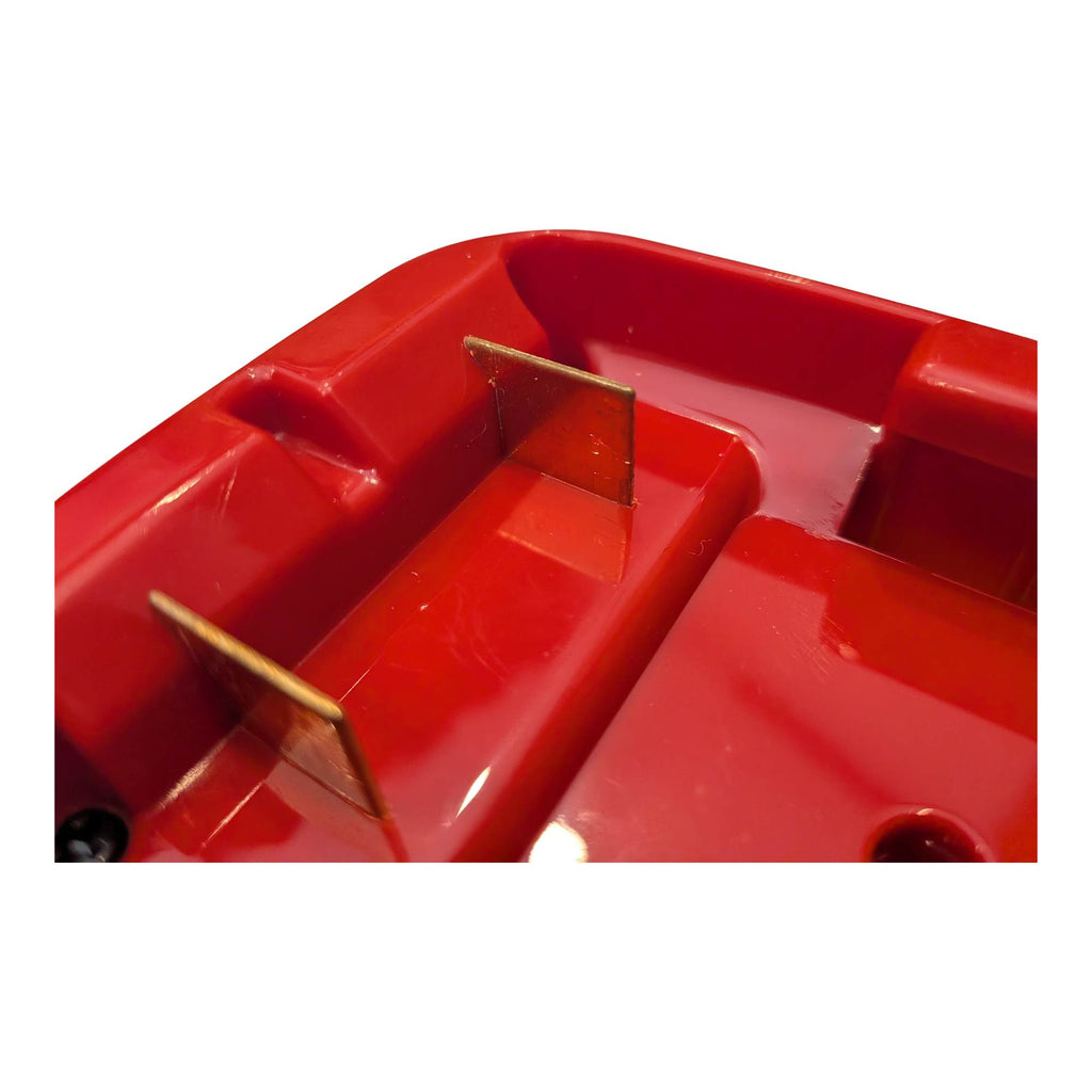 Craftsman 20V to DeWalt 20V MAX battery adapter - close-up of the battery-side copper blades in the red housing