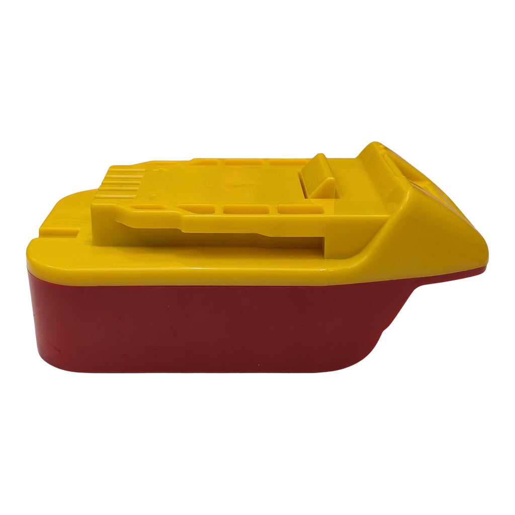 Craftsman 20V to DeWalt 20V MAX battery adapter - side view, yellow tool-side rails over the red body