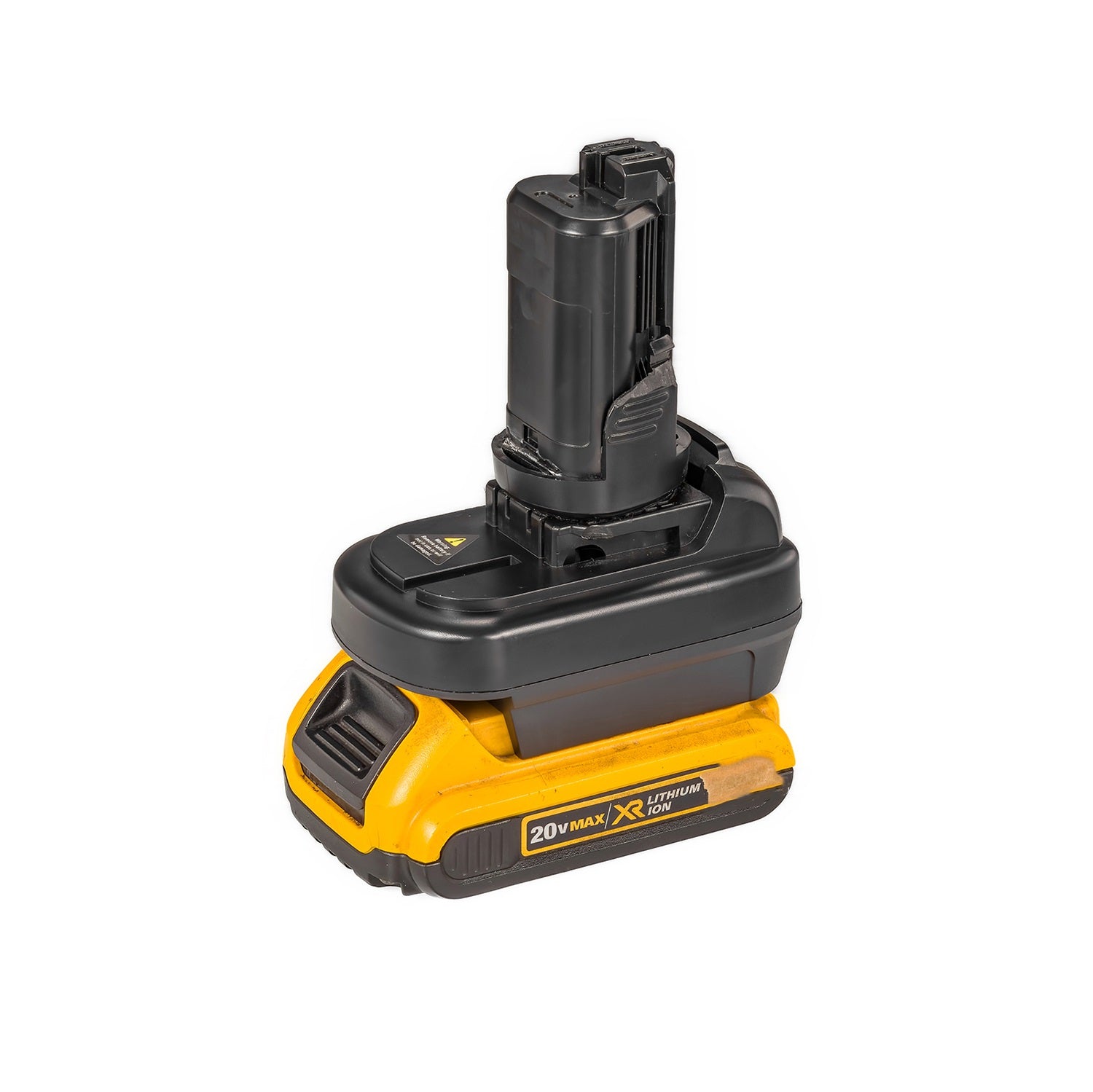 DeWalt 20V MAX to Bosch 12V battery adapter - fitted to the DeWalt 20V MAX battery, Bosch 12V tool-side post upward