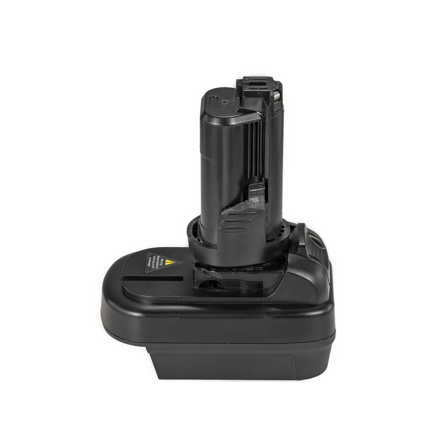 DeWalt 20V MAX to Bosch 12V battery adapter - front view, tool-side stem centred above the body