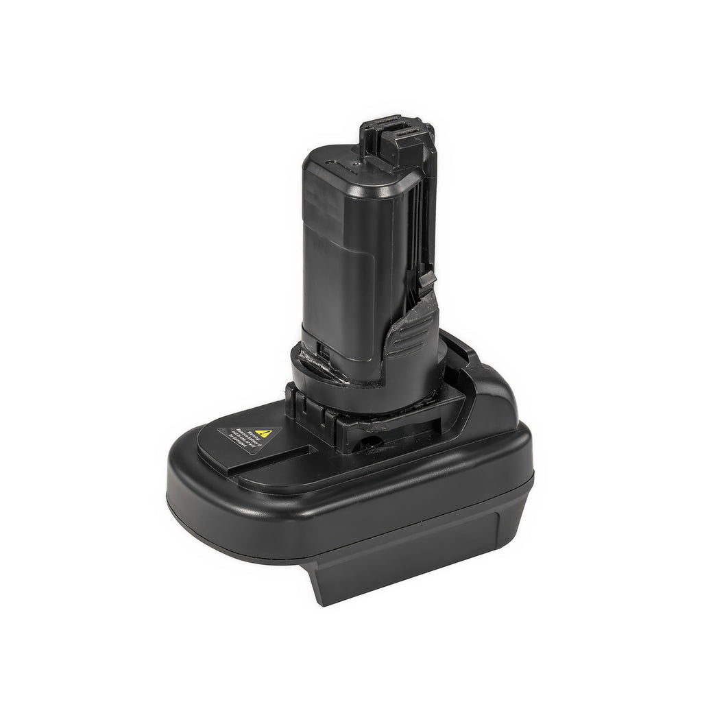 DeWalt 20V MAX to Bosch 12V battery adapter - tool-side stem upright on the body, three-quarter view