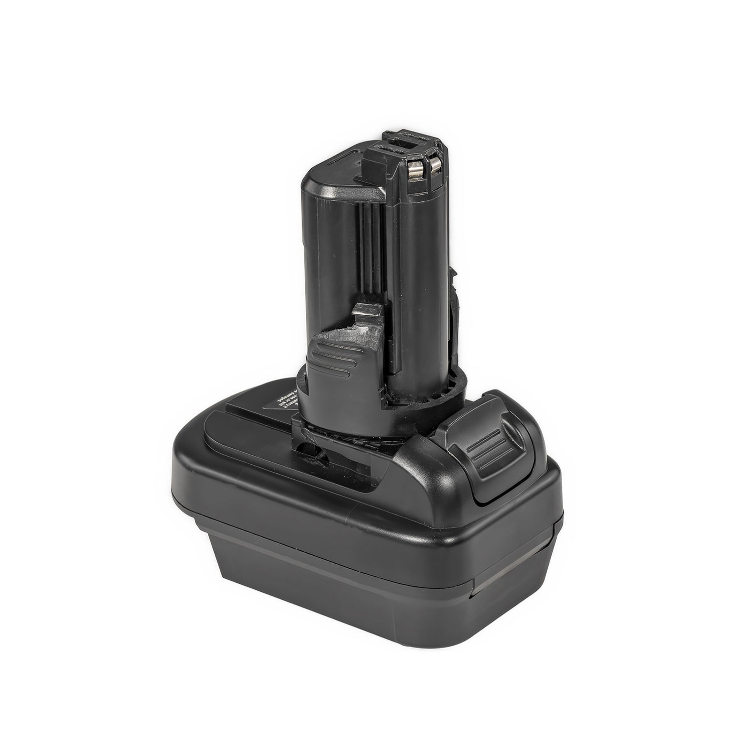 DeWalt 20V MAX to Bosch 12V battery adapter - tool-side stem above the body, ribbed release catch at the side