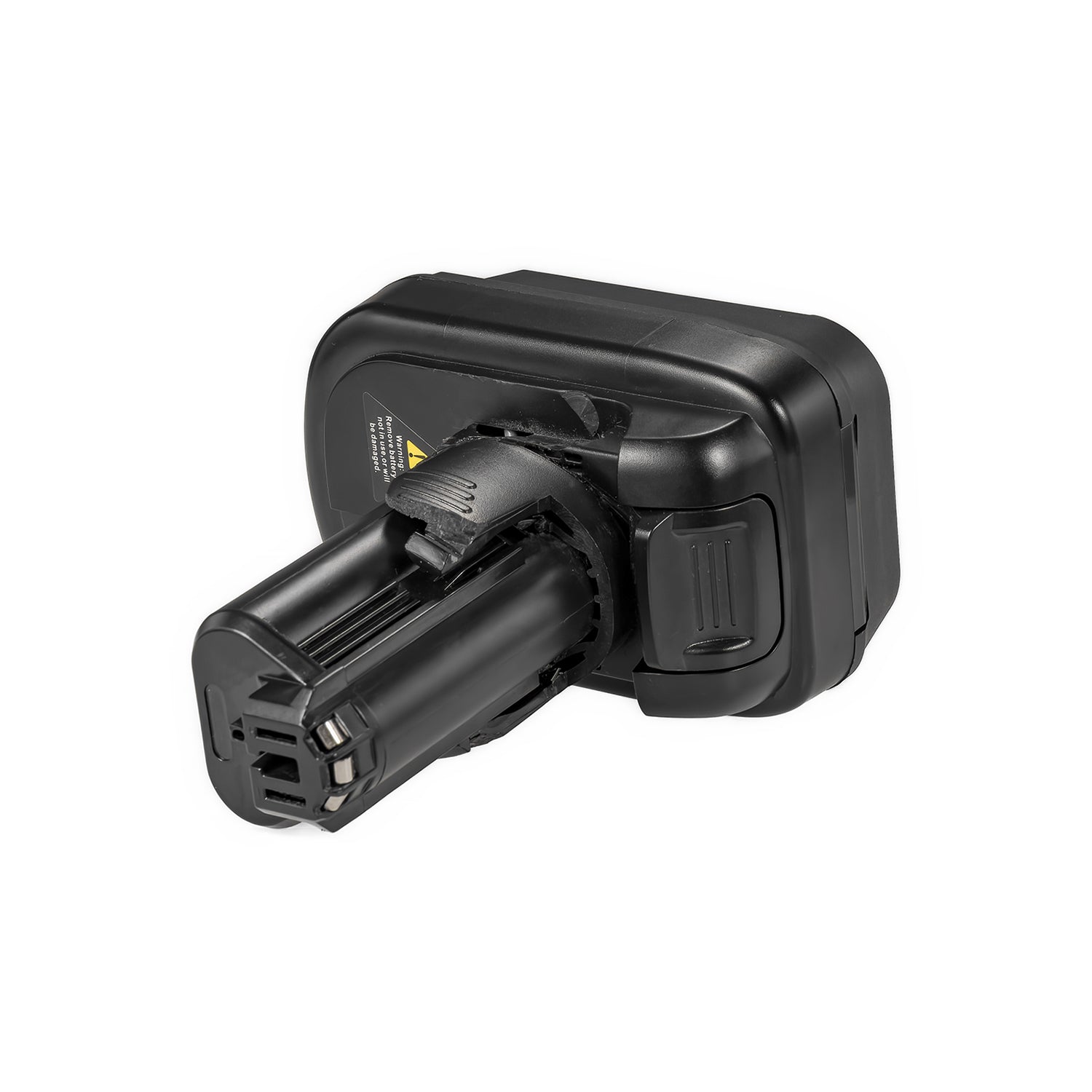 DeWalt 20V MAX to Bosch 12V battery adapter - tool-side connector head end-on, terminal blades and keyed slots