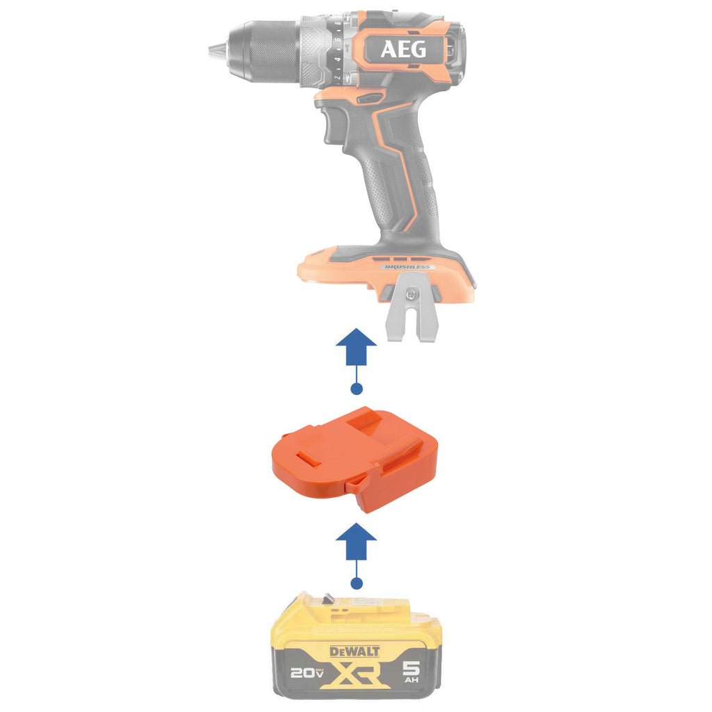 DeWalt 20V MAX to AEG 18V battery adapter - compatibility diagram showing battery, adapter and drill driver