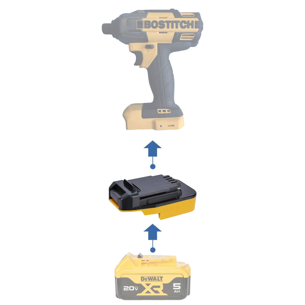 DeWalt 20V MAX to Bostitch 18V battery adapter - compatibility diagram showing battery, adapter and impact driver