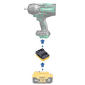 DeWalt 20V MAX to Hikoki 18V battery adapter - compatibility diagram showing battery, adapter and impact wrench