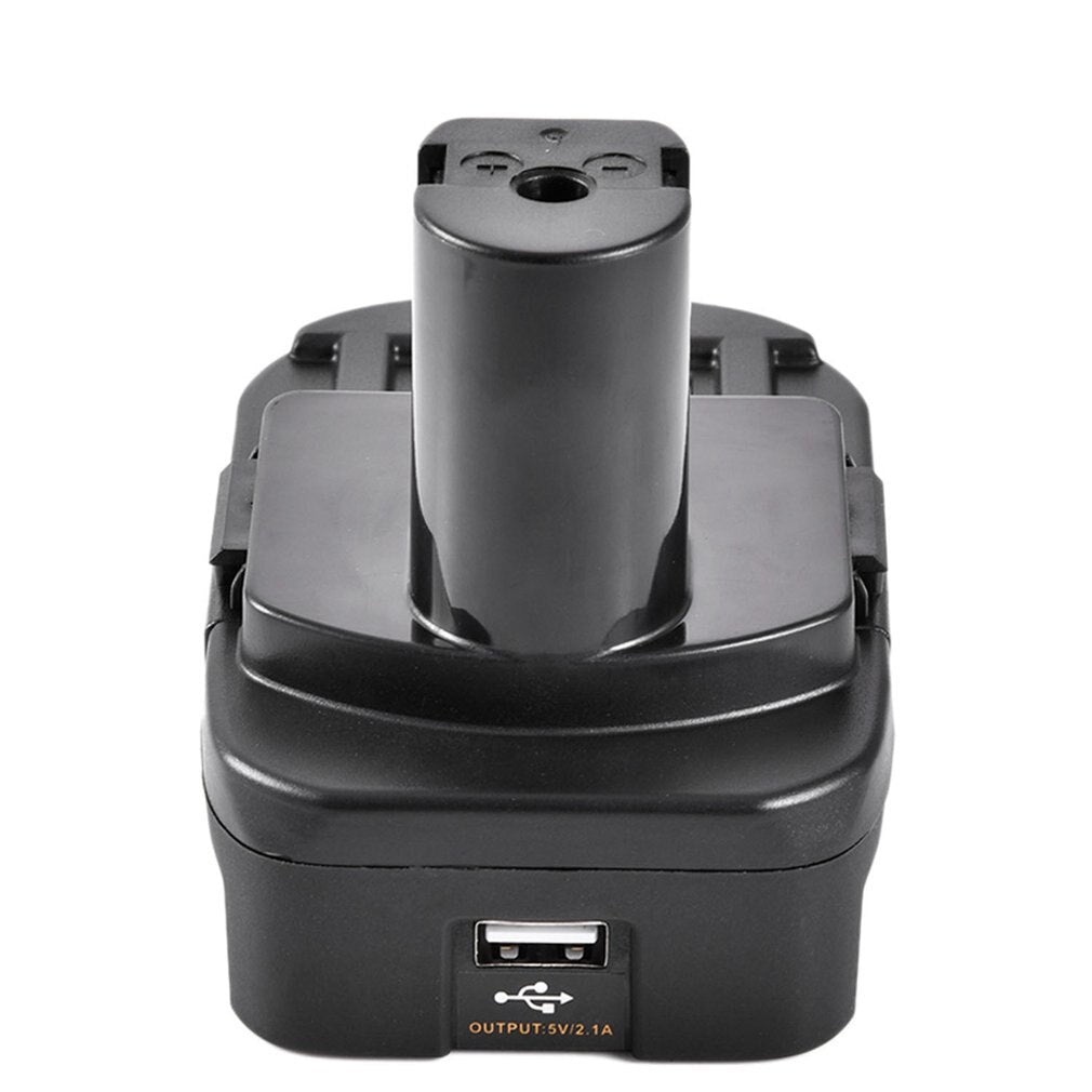 DeWalt 20V MAX to Ryobi 18V ONE+ battery adapter - front view, Ryobi post centred above the USB port