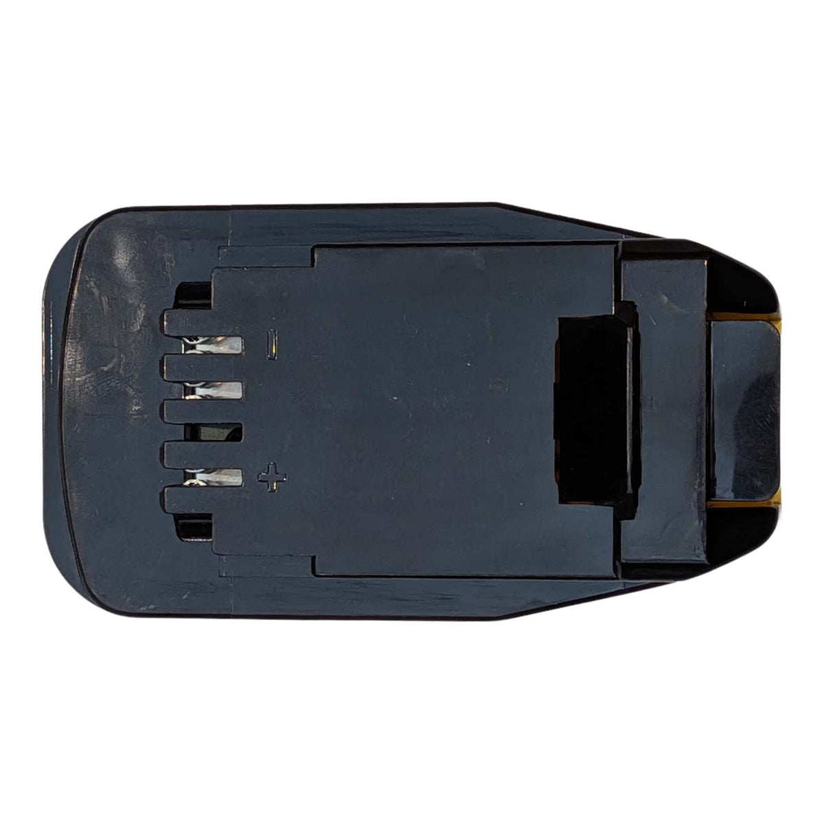 DeWalt 20V MAX to Black and Decker 20V battery adapter - tool-side face with four contacts and + and - marks