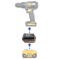 DeWalt 20V MAX to CAT 18V battery adapter - compatibility diagram showing battery, adapter and hammer drill
