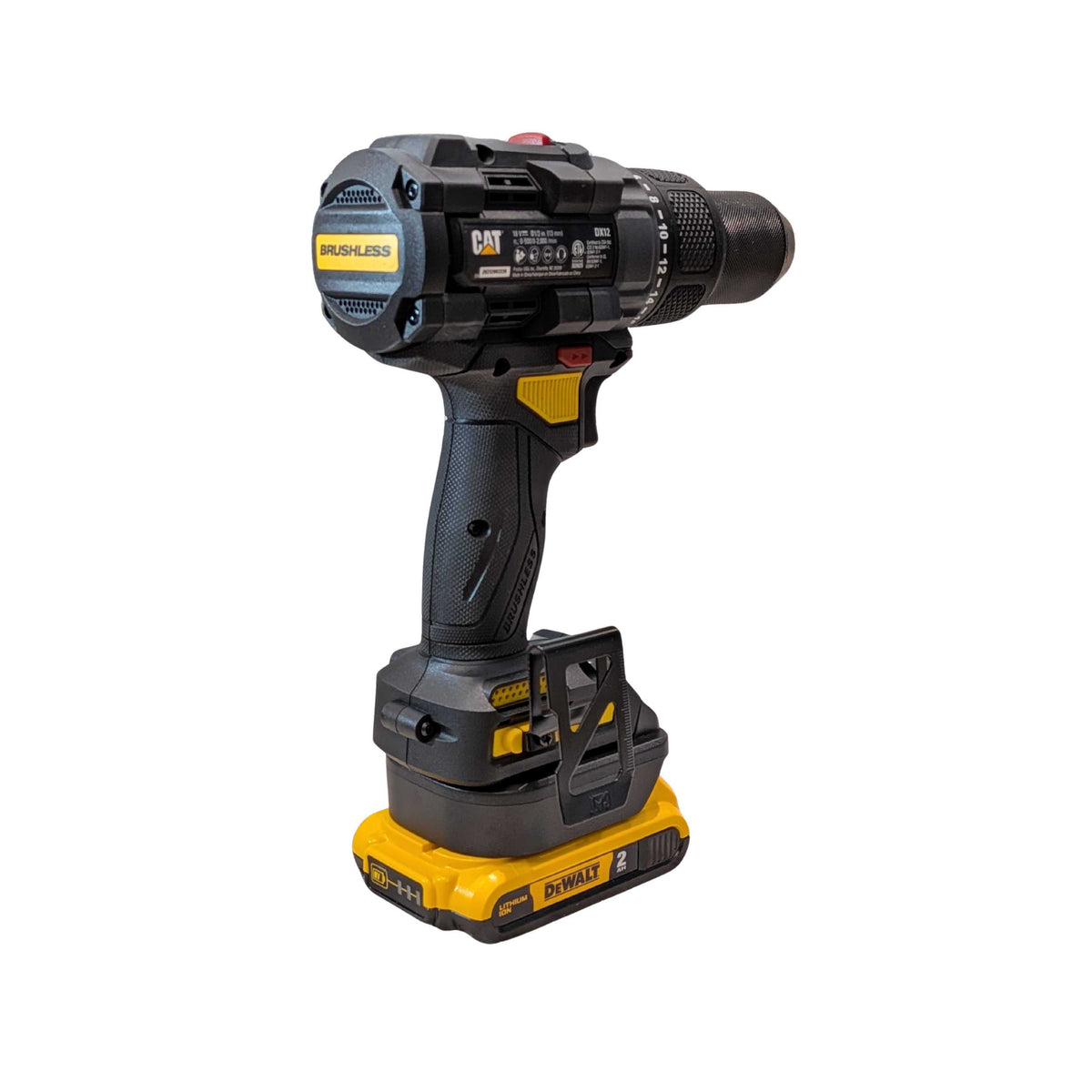 DeWalt 20V MAX to CAT 18V battery adapter - installed on a hammer drill, seated on the battery pack