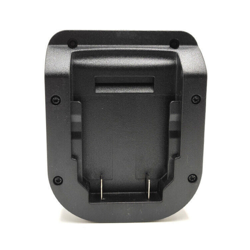 DeWalt 20V MAX to CAT 18V battery adapter - top view of the battery-side connection, rail channel with twin blade terminals