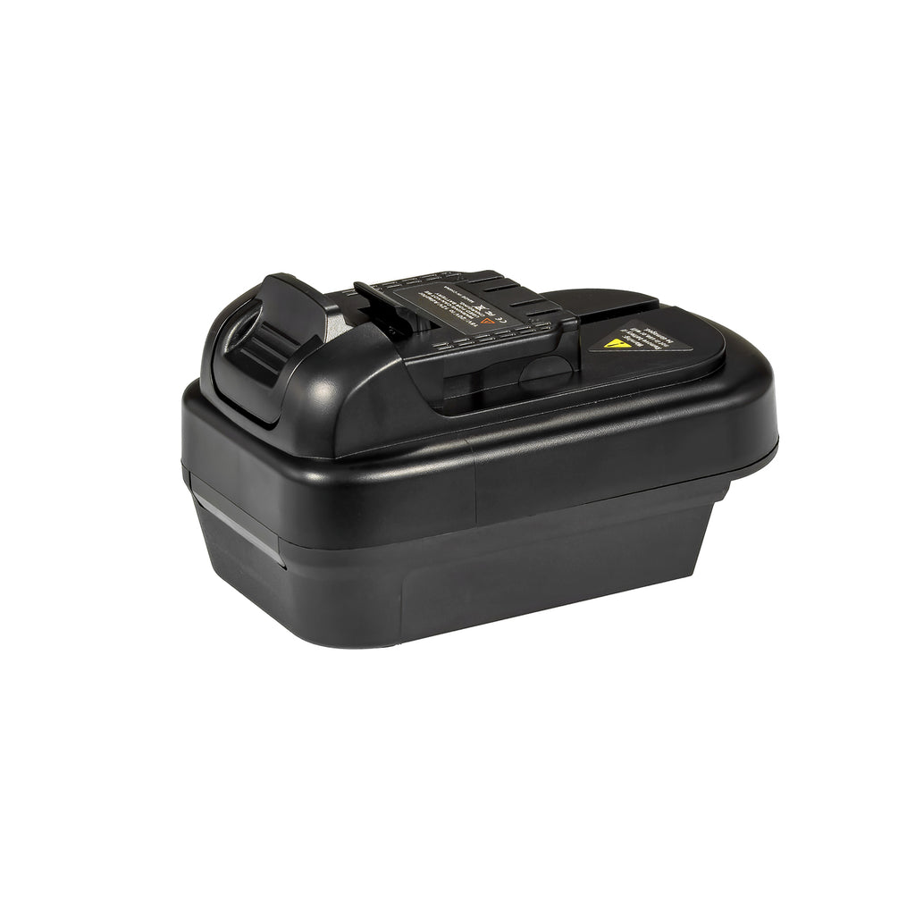 DeWalt 20V MAX to DeWalt 12V MAX battery adapter - 12V MAX tool-side connection, ribbed release button, printed label