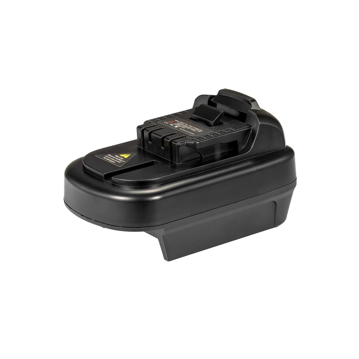 DeWalt 20V MAX to DeWalt 12V MAX battery adapter - 12V MAX tool-side connection, latch tab, terminal slots and printed label