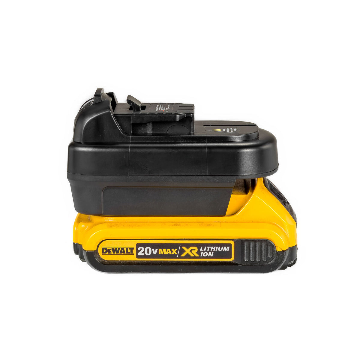 DeWalt 20V MAX to DeWalt 12V MAX battery adapter - fitted to the DeWalt 20V MAX battery, tool-side connection upward