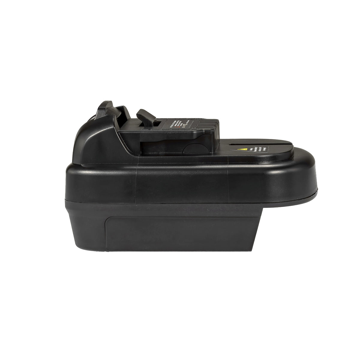 DeWalt 20V MAX to DeWalt 12V MAX battery adapter - side view showing both connections, tool-side connector uppermost