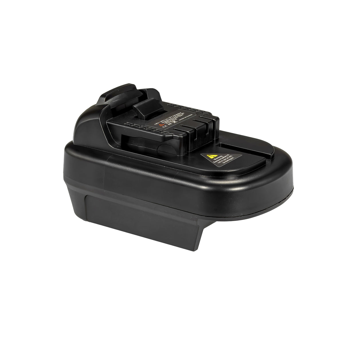 DeWalt 20V MAX to DeWalt 12V MAX battery adapter - 12V MAX tool-side connection, latch tab, terminal slots and printed label