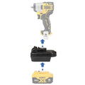 DeWalt 20V MAX to DeWalt 12V MAX battery adapter - compatibility diagram showing battery, adapter and cordless impact wrench