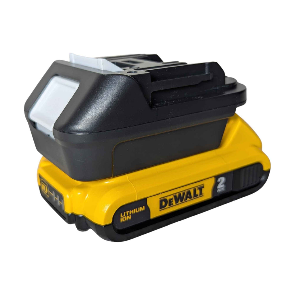 DeWalt 20V MAX to Makita 18V LXT battery adapter - fitted to the DeWalt 20V MAX battery, Makita-side rail facing up