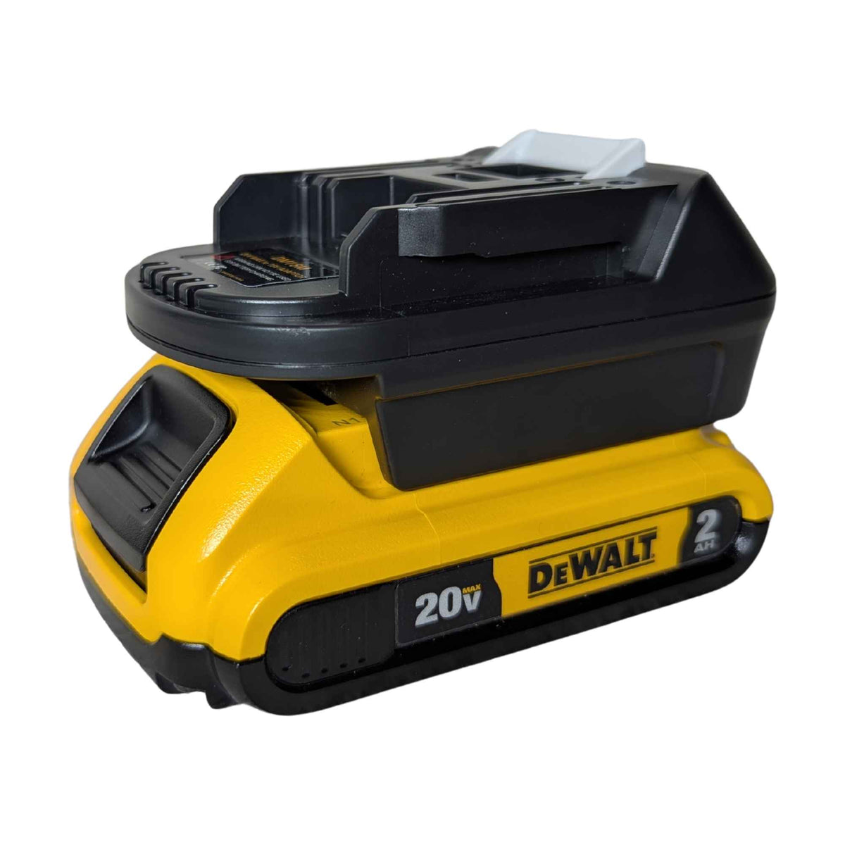 DeWalt 20V MAX to Makita 18V LXT battery adapter - fitted to the DeWalt 20V MAX battery, vent ribs and rail along the top