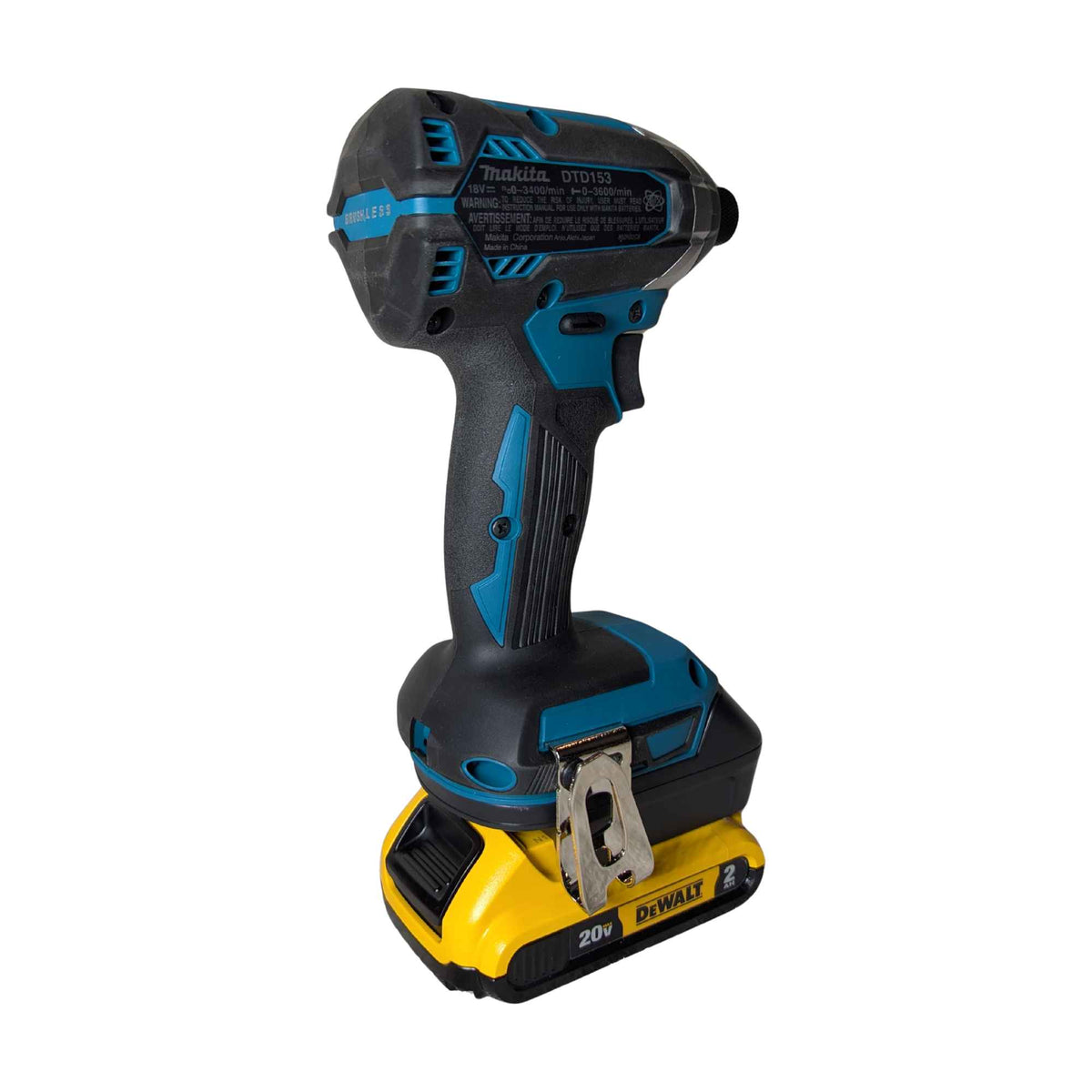 DeWalt 20V MAX to Makita 18V LXT battery adapter - installed on a Makita impact driver, rear view with the belt clip