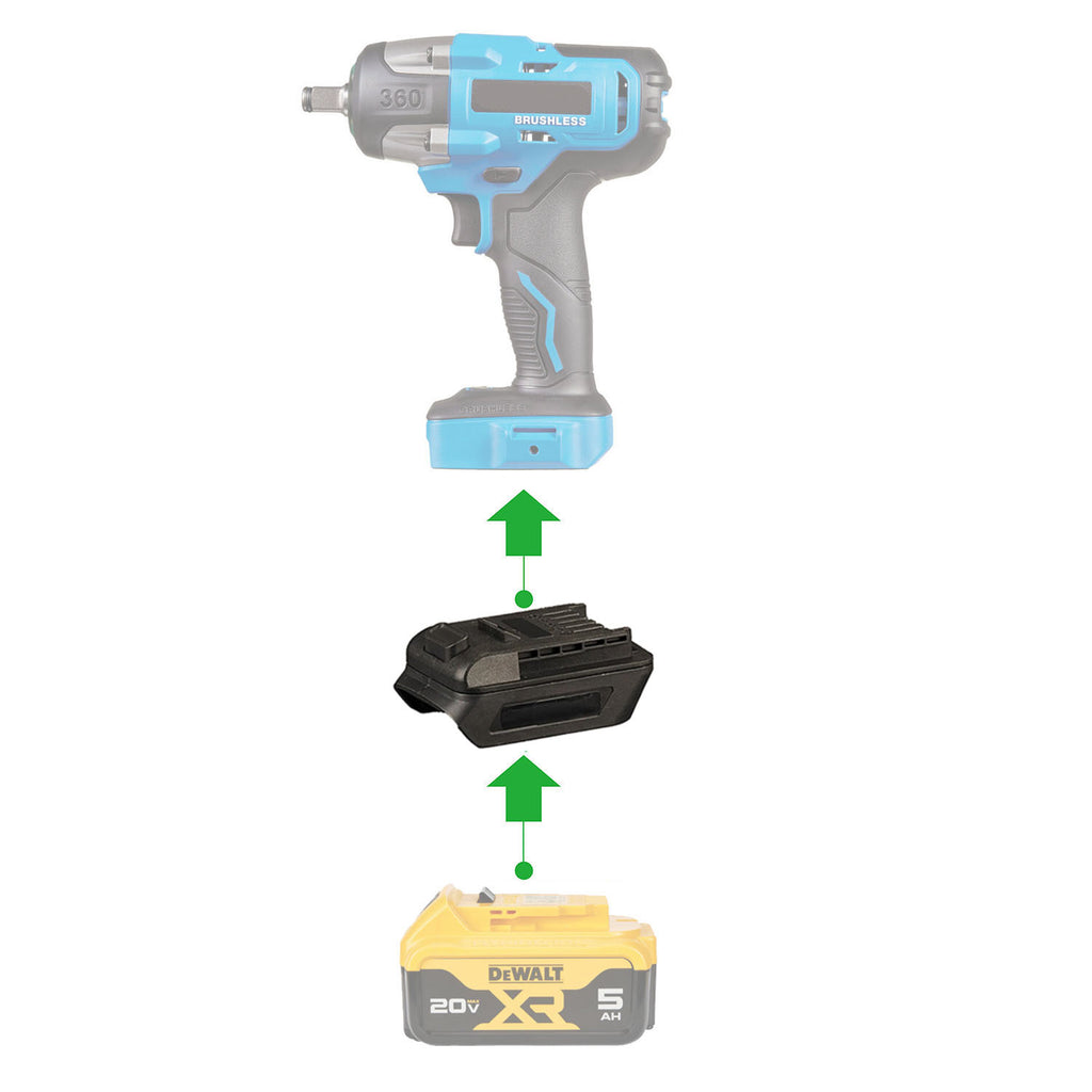 DeWalt 20V MAX to Mastercraft 20V (PWRPOD / Blue) battery adapter - compatibility diagram with impact wrench