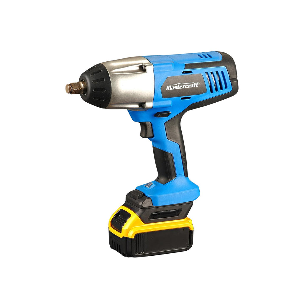 DeWalt 20V MAX to Mastercraft 20V (PWRPOD / Blue) battery adapter - installed on an impact wrench with the battery fitted