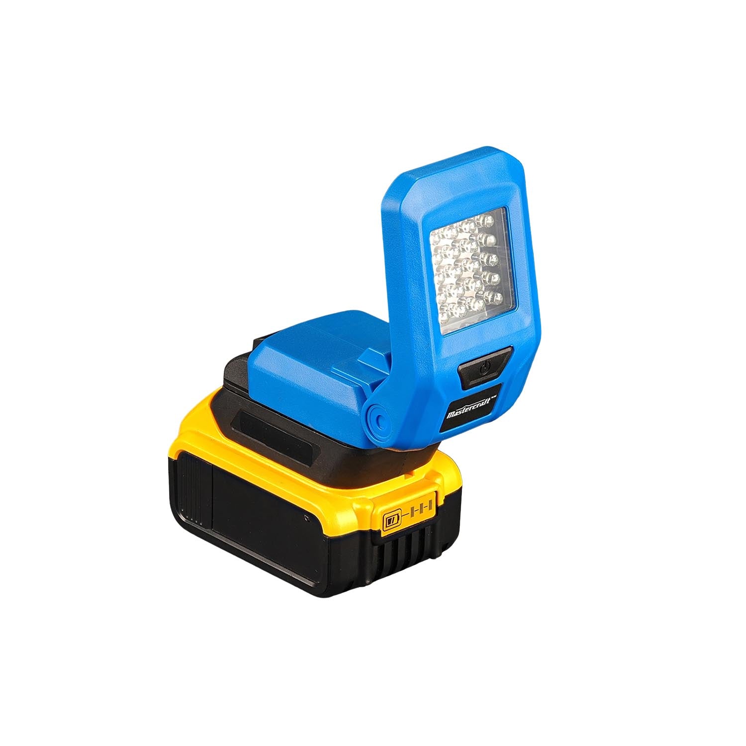 DeWalt 20V MAX to Mastercraft 20V (PWRPOD / Blue) battery adapter - installed on an LED work light with the battery fitted