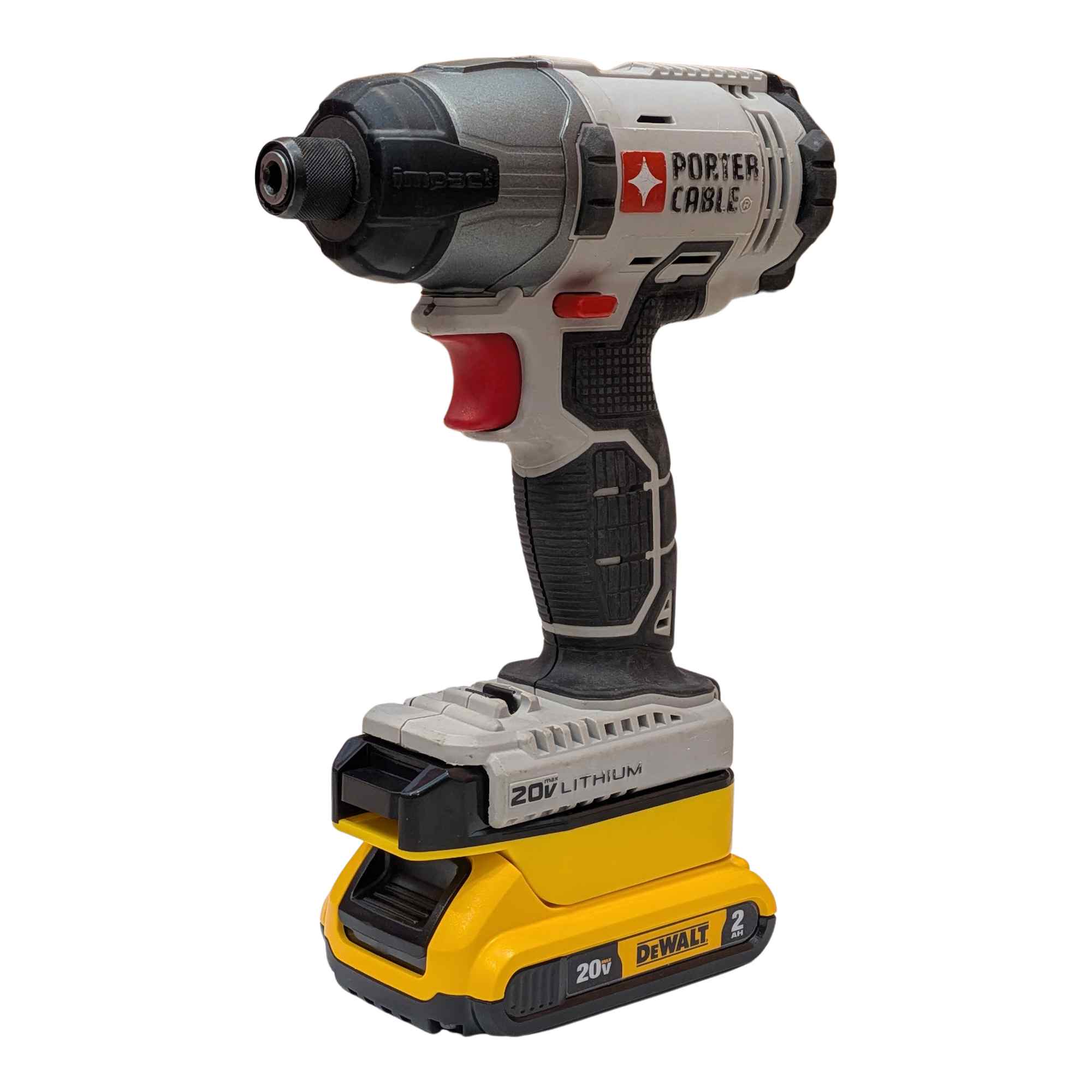 DeWalt 20V MAX to Porter Cable 20V battery adapter - installed on a Porter Cable impact driver with the DeWalt battery