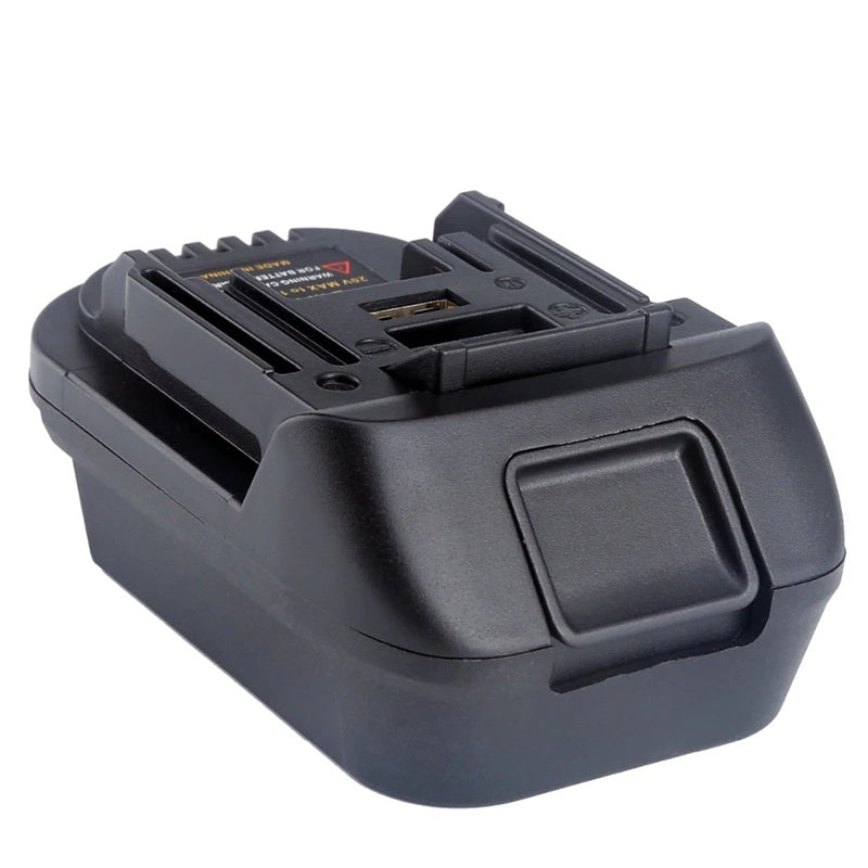 DeWalt 20V MAX to RIDGID Plumbing battery adapter - tool-side connection from the opposite end, USB port and a printed label