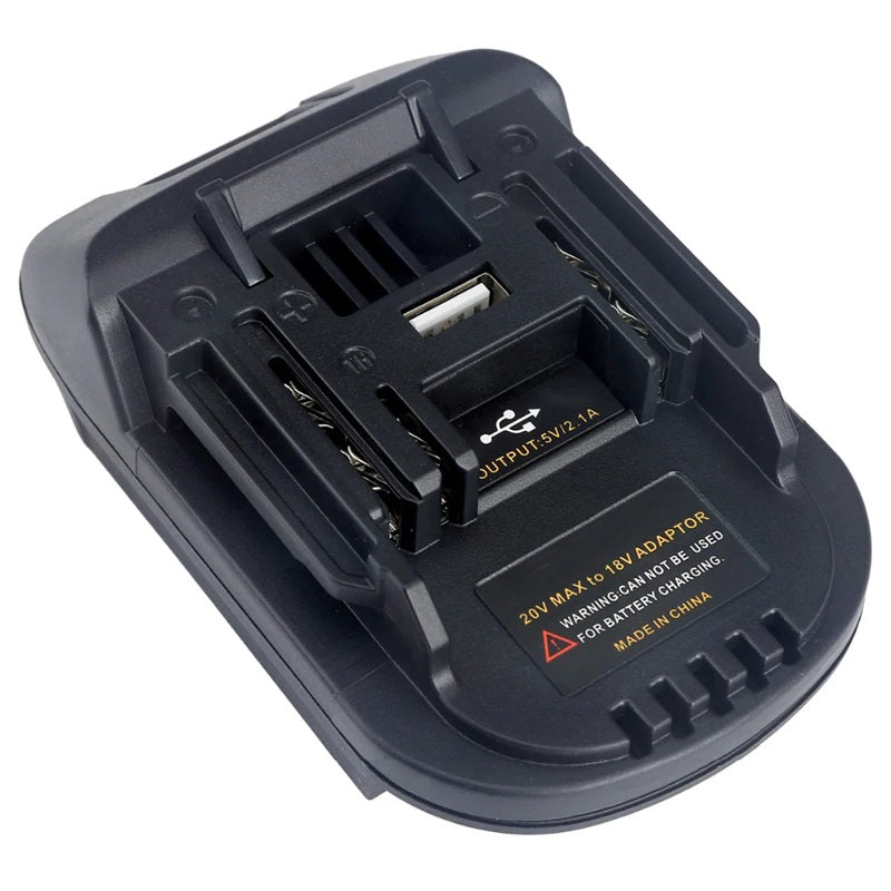 DeWalt 20V MAX to RIDGID Plumbing battery adapter - RIDGID tool-side connection with a recessed USB-A port, terminal slots