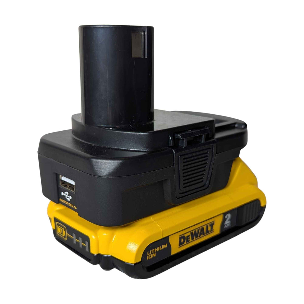 DeWalt 20V MAX to Ryobi 18V ONE+ battery adapter - fitted to the DeWalt 20V MAX battery, Ryobi post and USB port in view