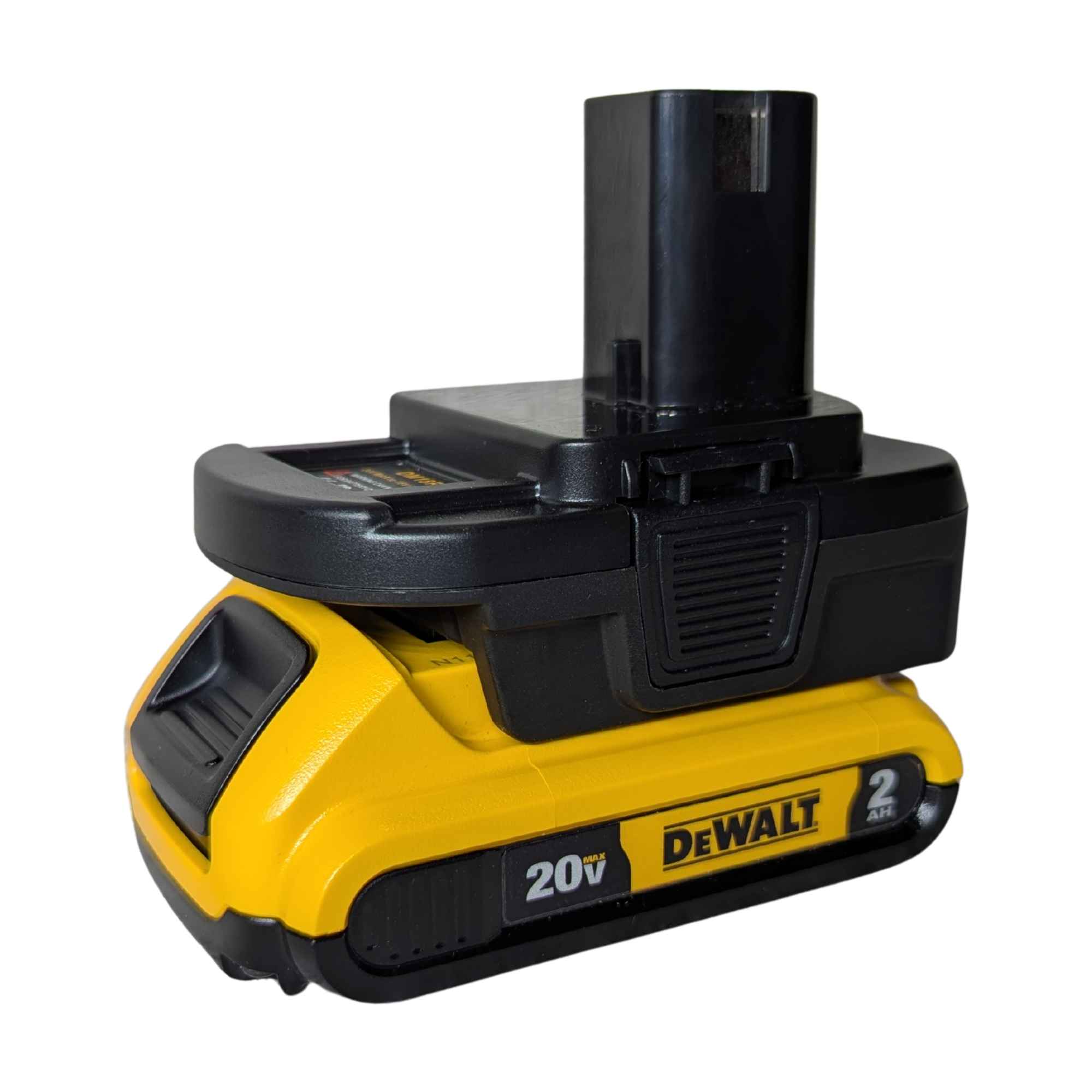 DeWalt 20V MAX to Ryobi 18V ONE+ battery adapter - fitted to the DeWalt 20V MAX battery, vent grille side of the body