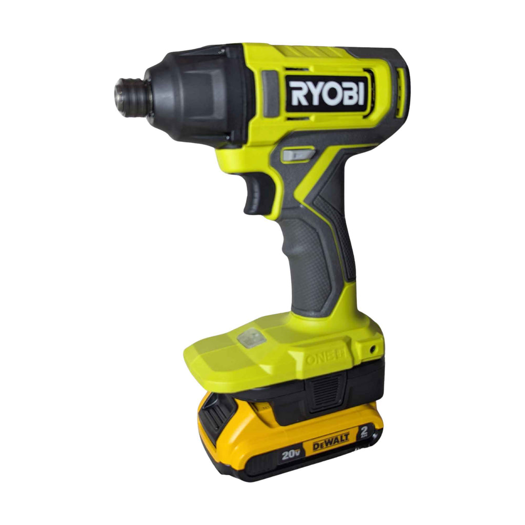 DeWalt 20V MAX to Ryobi 18V ONE+ battery adapter - installed on a Ryobi impact driver with the DeWalt battery attached