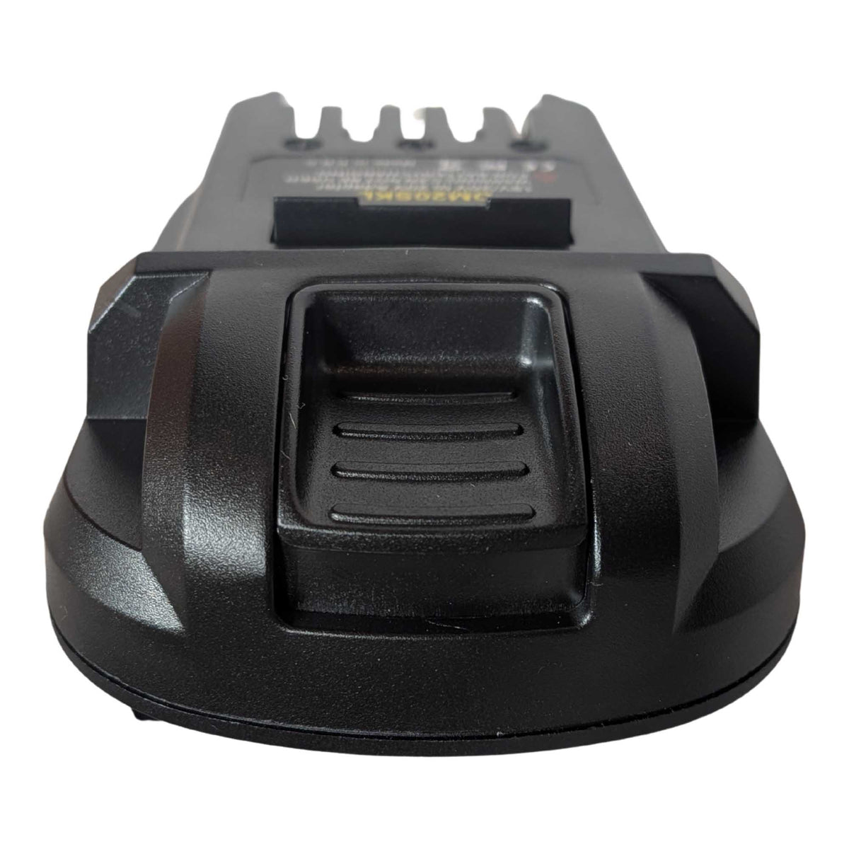 DeWalt 20V MAX to SKIL 20V PWR CORE battery adapter - front view of the ribbed release catch on the end face