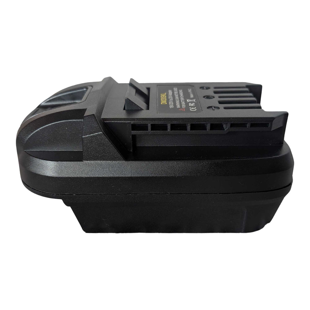 DeWalt 20V MAX to SKIL 20V PWR CORE battery adapter - side view showing both connections, slots along the SKIL tool-side rail
