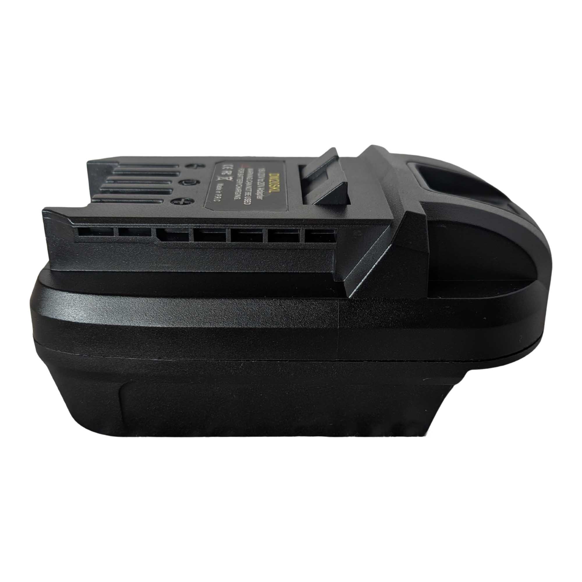 DeWalt 20V MAX to SKIL 20V PWR CORE battery adapter - side view showing both connections, slots along the SKIL tool-side rail
